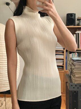 Issey Miyake Pleats Please Mockneck Sleeveless Top Ivory JP5